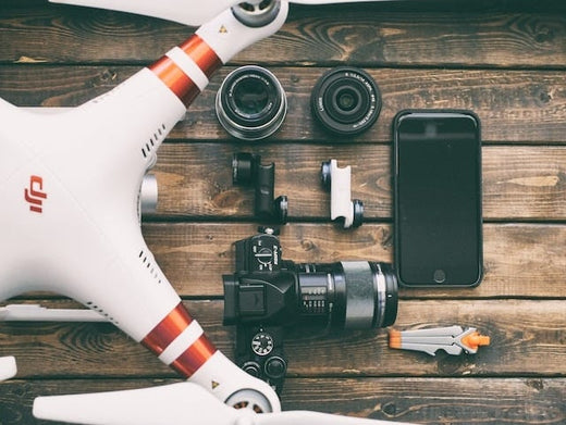 Drone and accessories on table