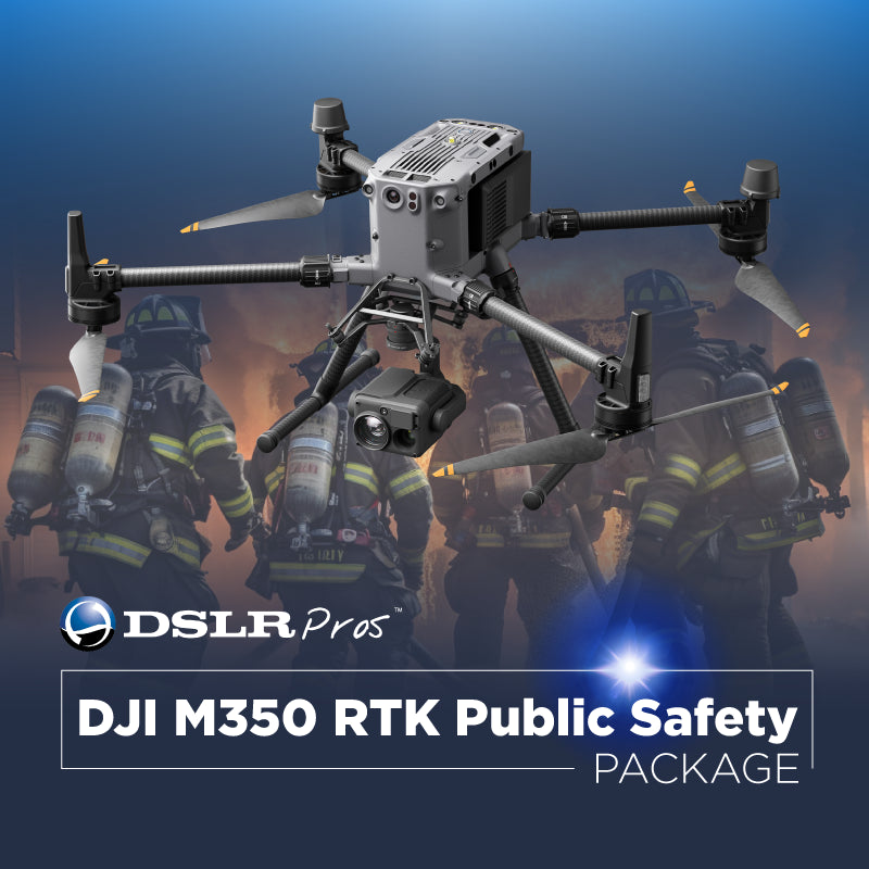 DJI M350 RTK drone featured in the Public Safety Package with firefighters in the background.