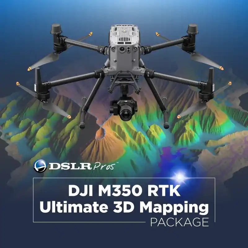 DJI M350 RTK Ultimate 3D Mapping Package drone hovering over a colorful 3D terrain map.