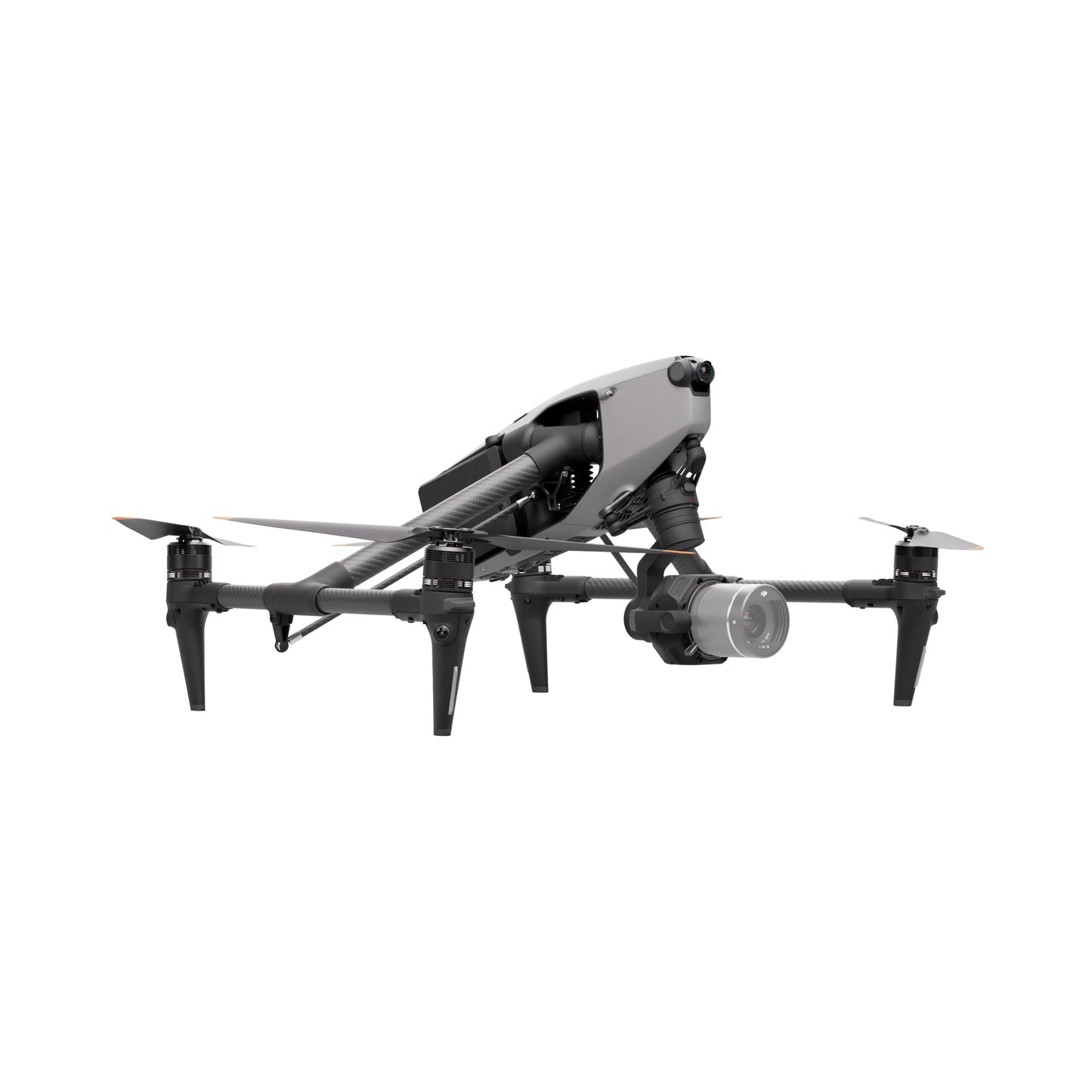 Side view of DJI Inspire 3 drone with landing gear retracted, emphasizing its aerodynamic design.
