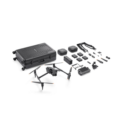 Complete DJI Inspire 3 drone bundle layout, including drone, camera, batteries, and additional accessories.
