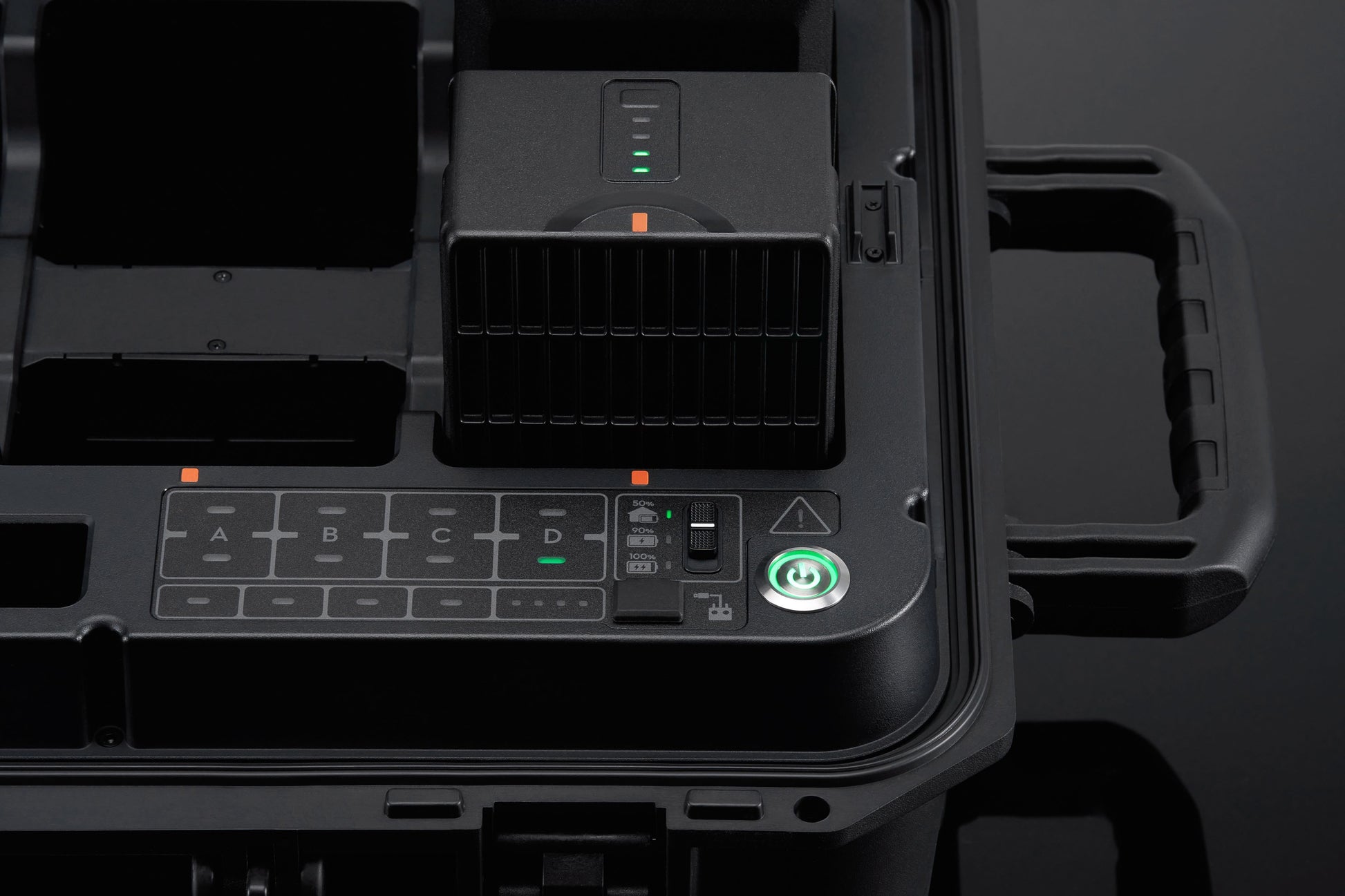 Close-up view of control panel and indicators on DJI BS65 intelligent battery station