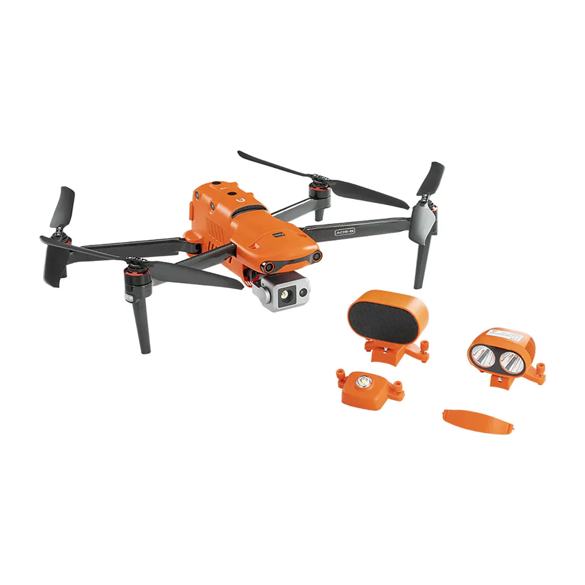 Orange drone with extended propellers, attached camera, and accessories