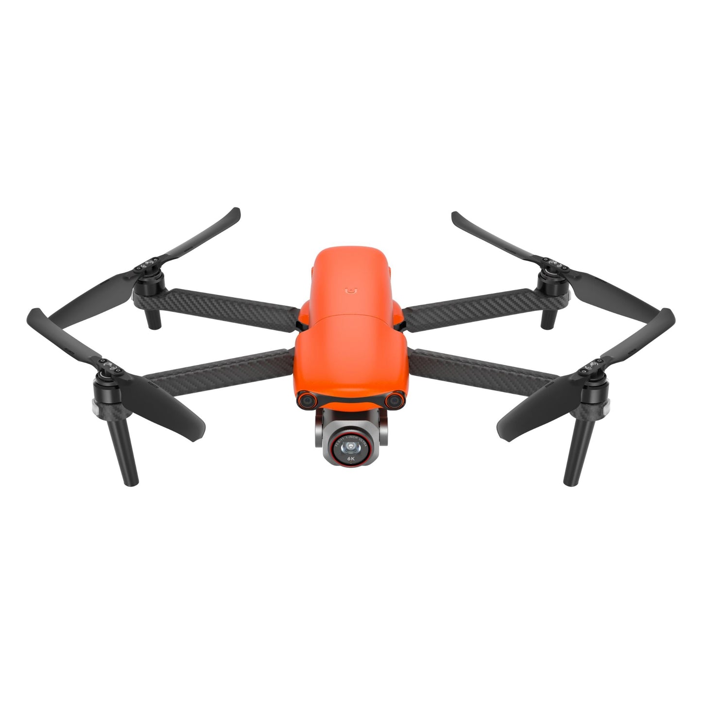 Front view of orange Autel EVO Lite drone in flight with camera and propellers extended