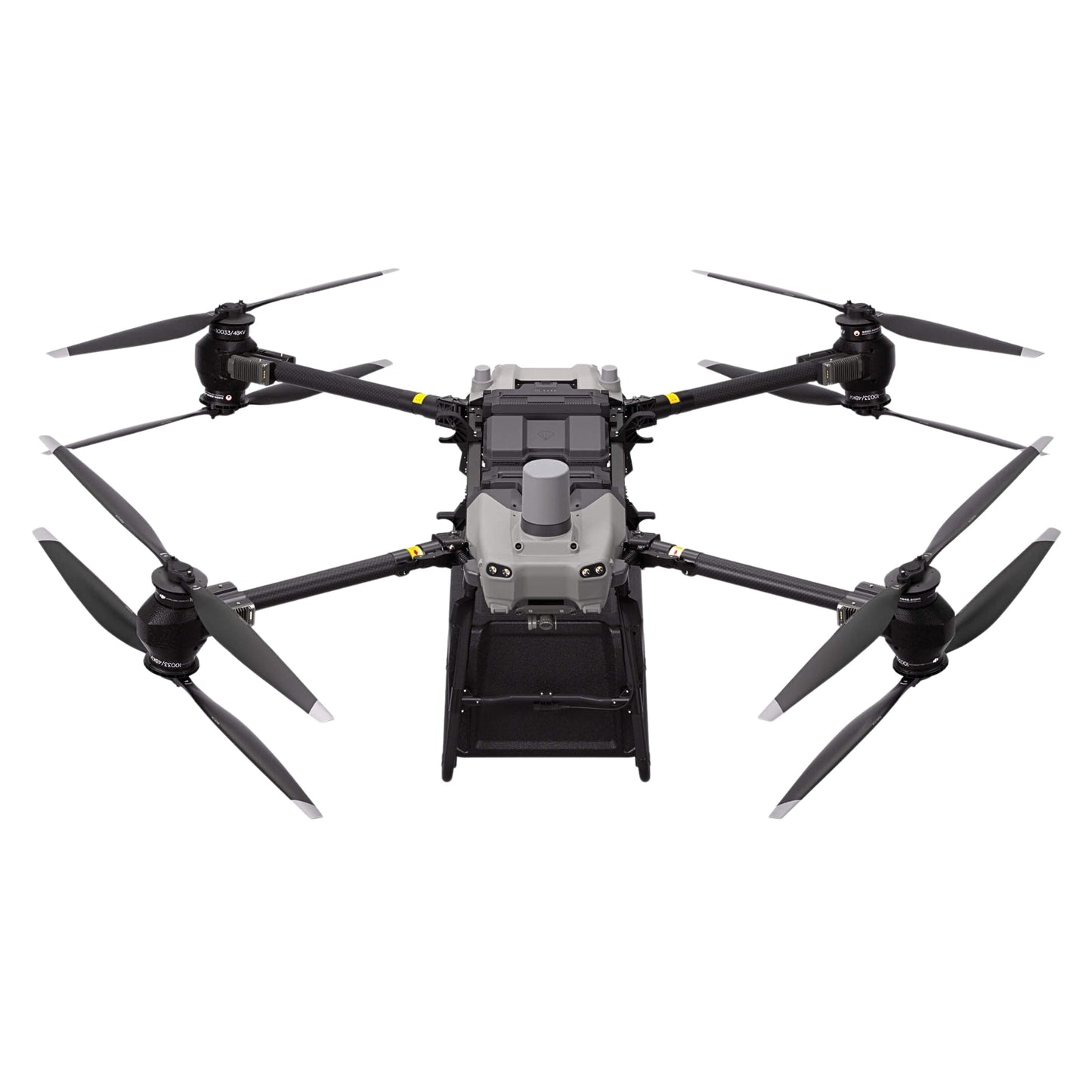 Front view of DJI FlyCart 30 delivery drone with cargo compartment and extended propellers