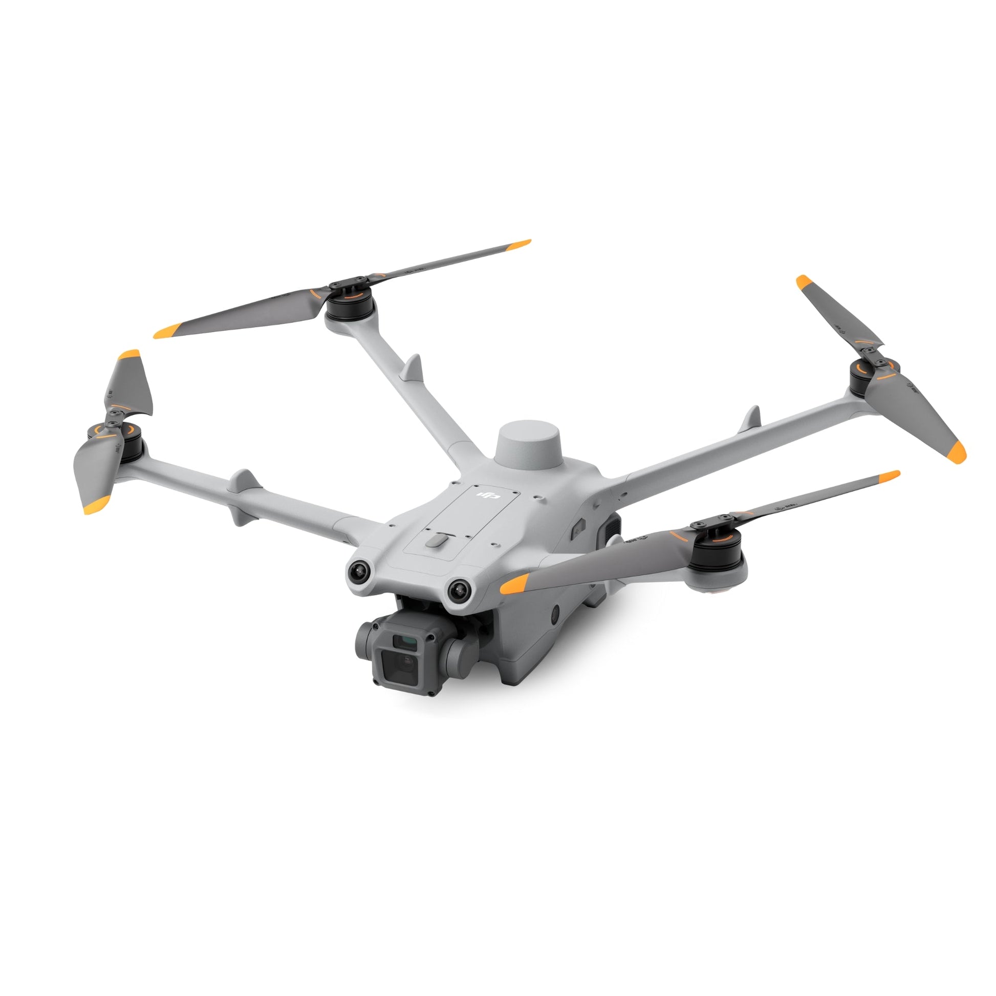 Angled front view of DJI Matrice 3D drone flying with landing gear and camera visible