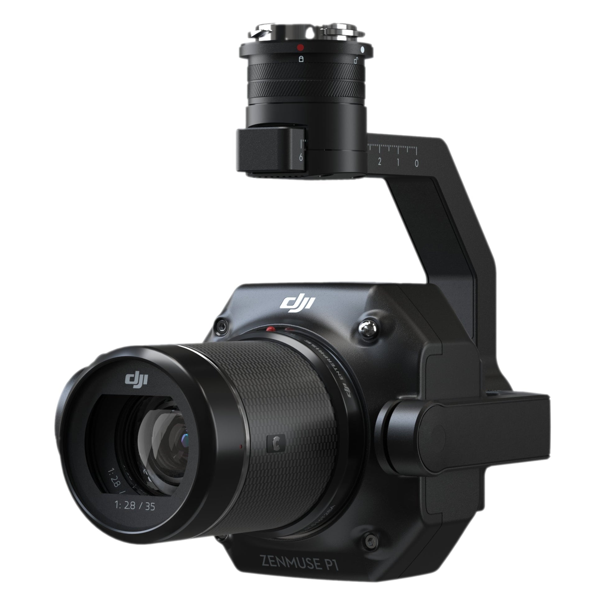 Angled view of DJI Zenmuse P1 camera with gimbal mount for precision aerial surveying