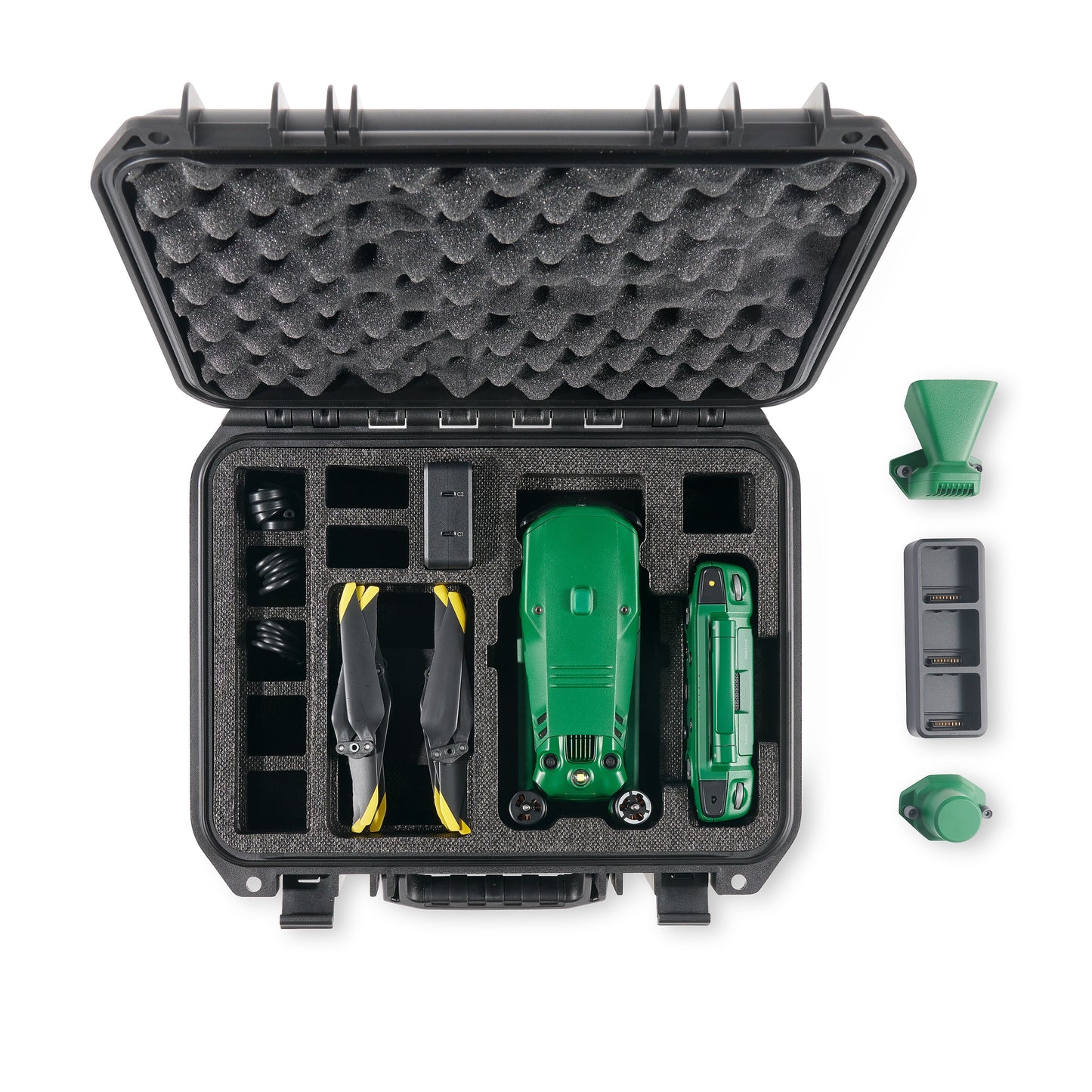 Open case with agricultural drone and accessories.