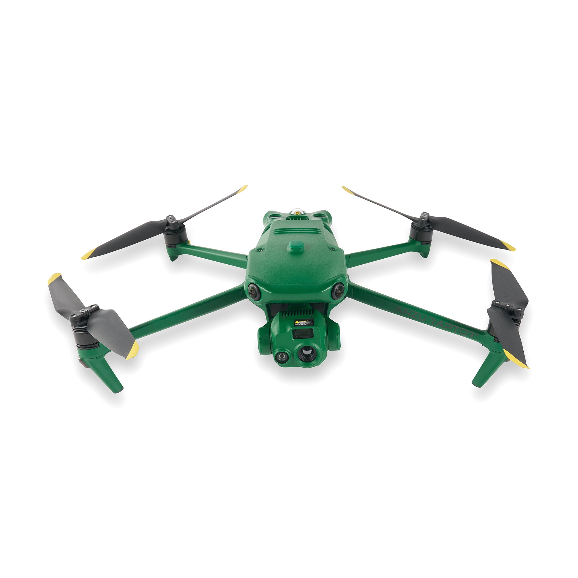 Front view of green agricultural drone with camera and sensors.