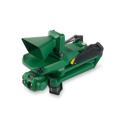 Folded green agricultural drone in compact storage.