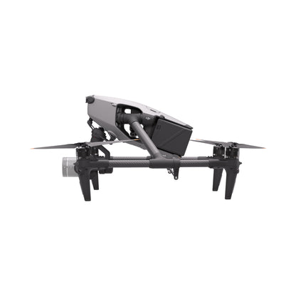 Side profile of DJI Inspire 3 drone with landing gear extended, showcasing its operational readiness.
