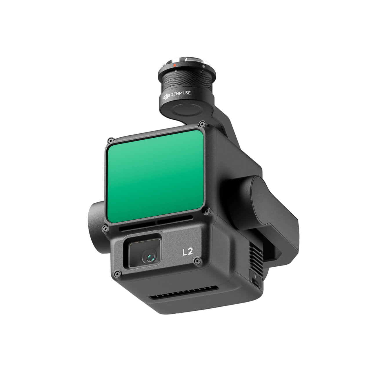 Angled view of DJI Zenmuse L2 camera showing the green sensor and base attachment.