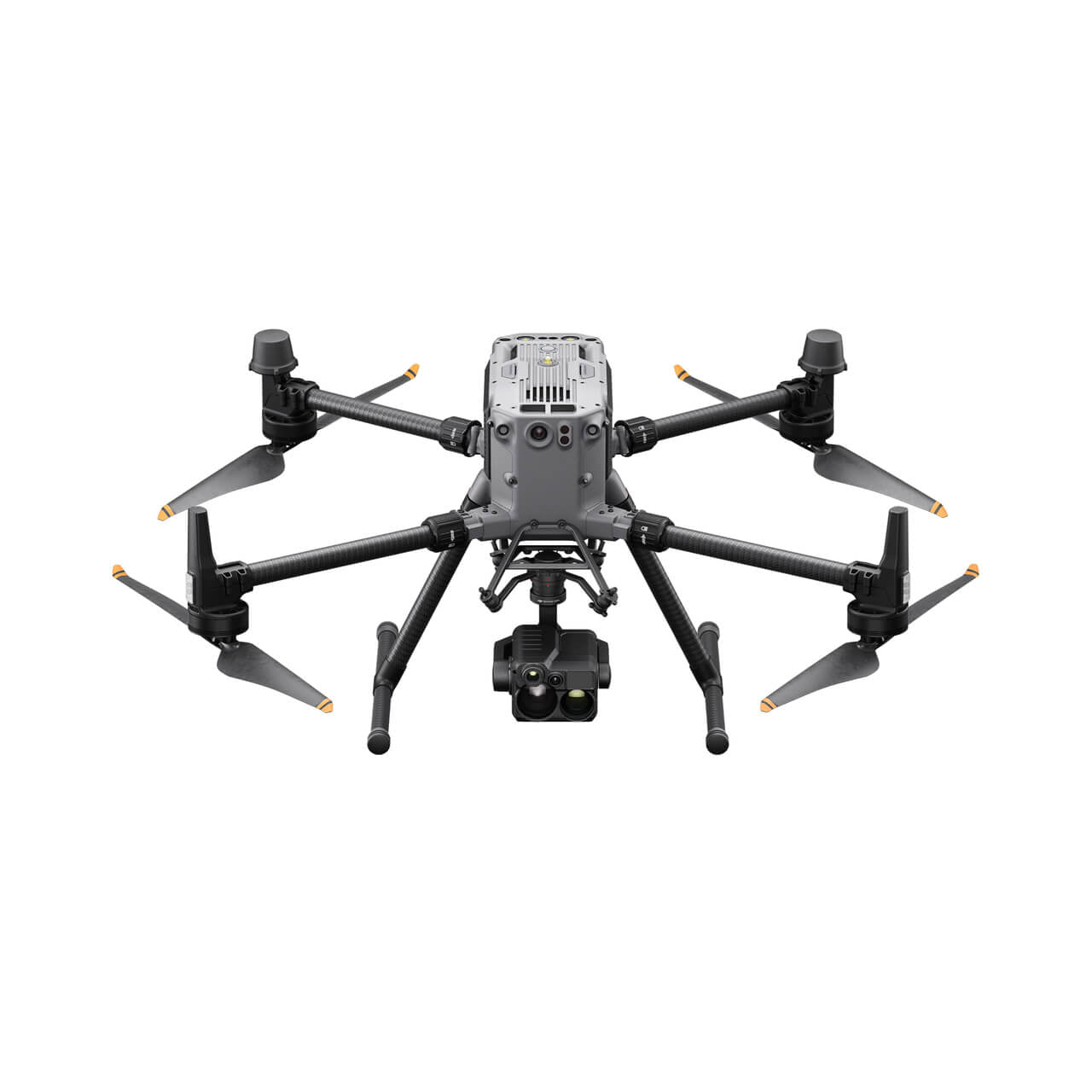 Front view of DJI Matrice 350 RTK drone with dual camera payload system