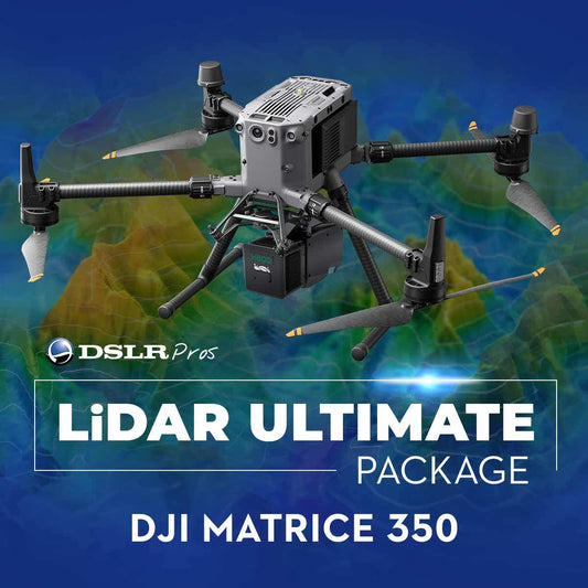 DJI Matrice 350 drone with LiDAR sensor showcased in the LiDAR Ultimate Package over a colorful topographic map background.
