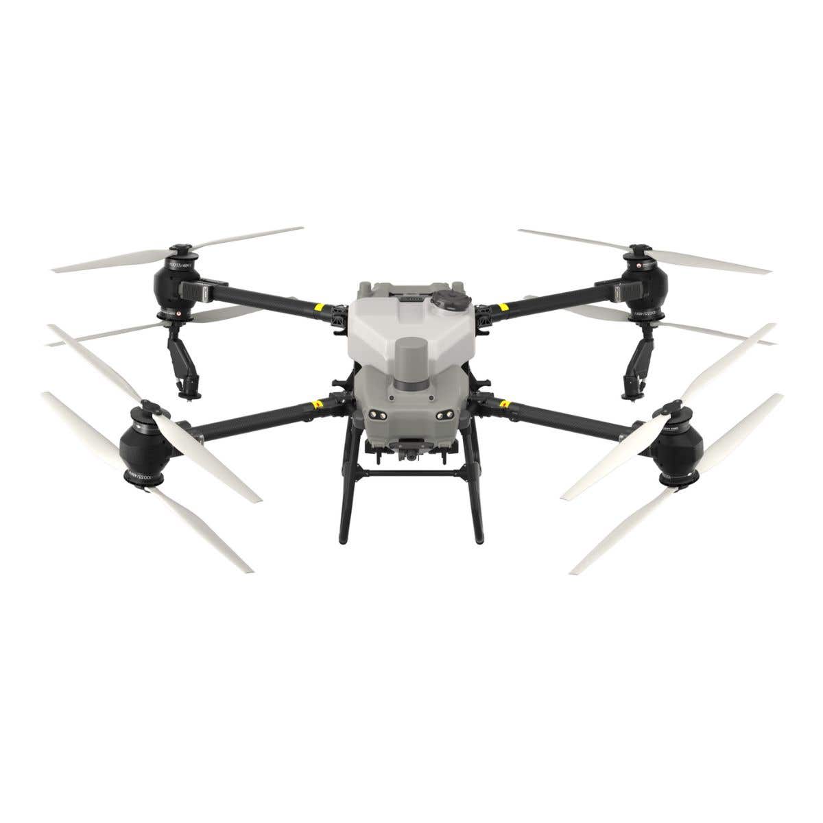 Front view of DJI Agras T50 agricultural drone with extended propellers for crop spraying and precision farming