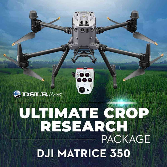 DJI Matrice 350 drone with advanced payload hovering over a green crop field, promoting the Ultimate Crop Research Package.