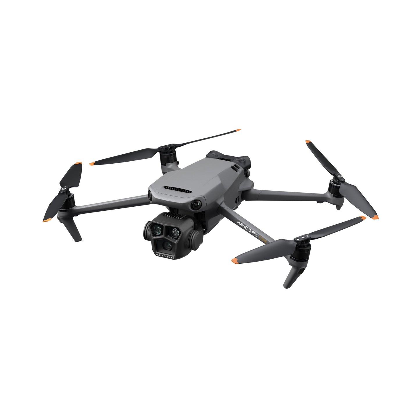 Side view of DJI Mavic 3 Pro drone in mid-flight, showcasing camera system