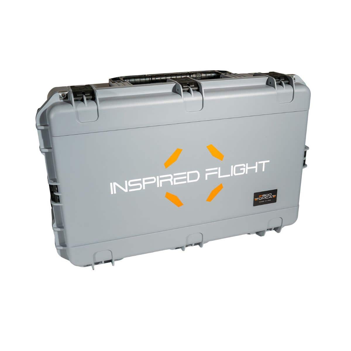 Sturdy grey case with the label "Inspired Flight" for safe storage.