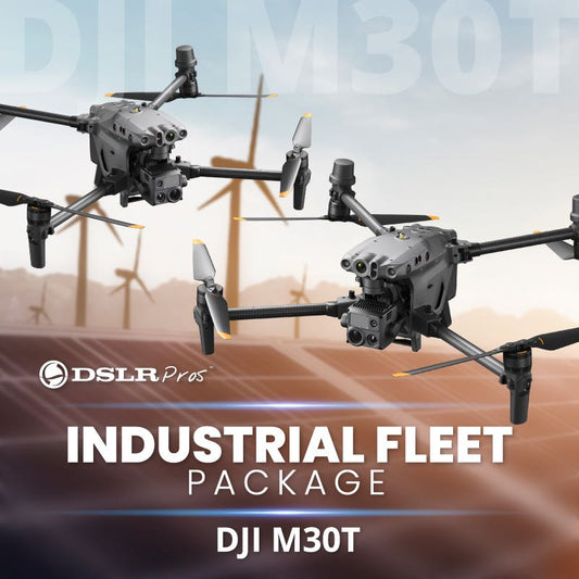 DJI M30T Industrial Fleet Package with two drones and wind farm backdrop.