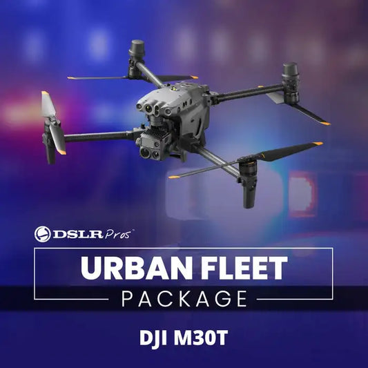 DJI M30T drone featured in the Urban Fleet Package with a cityscape background and emergency lights.