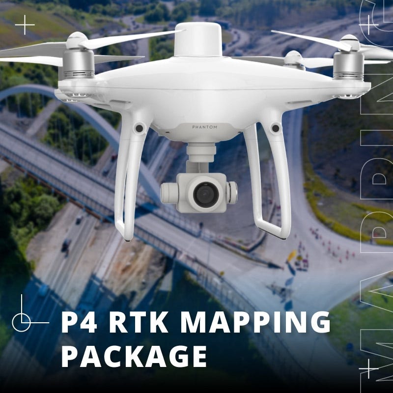 Phantom 4 RTK drone hovering over a mapping site with P4 RTK Mapping Package text displayed.
