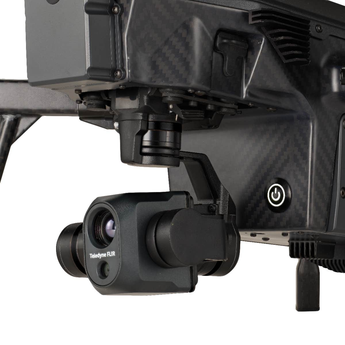 Close-up angled view of Teledyne FLIR SIRAS drone’s camera and sensor module